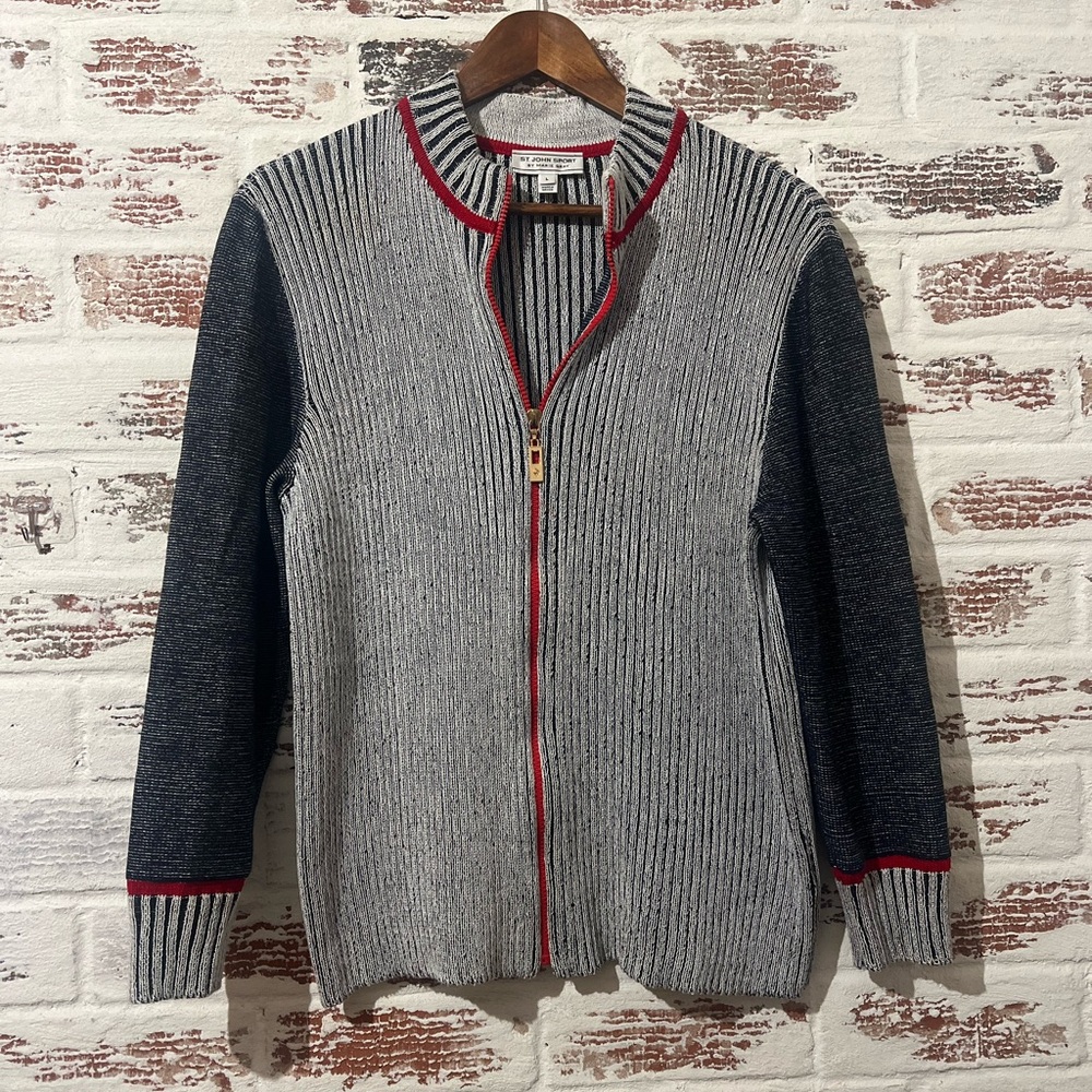 St John Sport Mock Neck Cardigan Ribbed Wool Blend Zip Up Gray Red Trim Size L